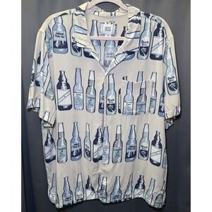 BDG Beer Bottle Print Rayon Short Sleeve Button Down Hawaiian Shirt Men's Size L